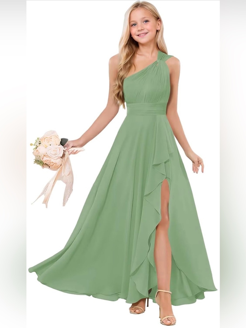 Junior One-Shoulder Dusty Sage Green Chiffon Dress with Side Ruffle and Slit
